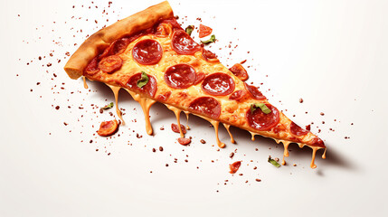 Modelo com deliciosa fatia saborosa de pizza voando sobre fundo branco - obrazy, fototapety, plakaty