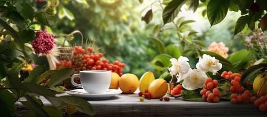 In the picturesque spring garden, a beautiful floral landscape emerges, with colorful flowers blooming against a white wall as a background. On a table, a cup of aromatic coffee is accompanied by a