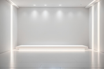 Fototapeta premium Empty light room with white podium for product presentation. Show cosmetic product on stage pedestal or platform