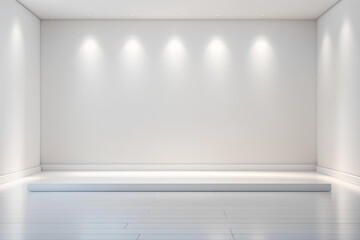 Empty light room with white podium for product presentation. Show cosmetic product on stage pedestal or platform