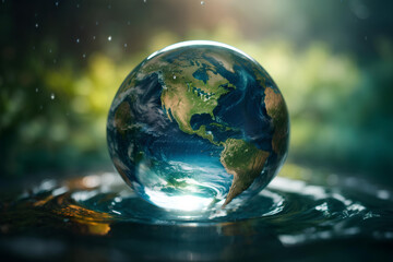 Planet earth in a glass ball on water background. Environment conservation concept.