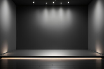 Empty dark room with black podium for product presentation. Show cosmetic product on stage pedestal or platform