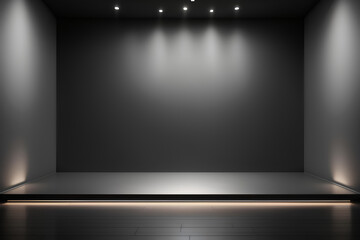 Obraz premium Empty dark room with black podium for product presentation. Show cosmetic product on stage pedestal or platform