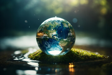 Planet earth in a glass ball on a mossy background. Environment conservation concept. - obrazy, fototapety, plakaty