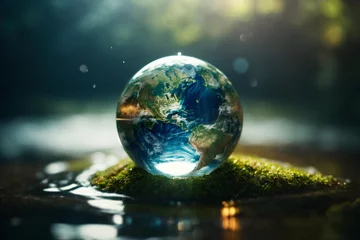 Foto op Canvas Planet earth in a glass ball on a mossy background. Environment conservation concept. © Logvin art