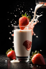Pouring milk into a glass with fresh strawberries and splashes on dark background. Commercial promotional food photo