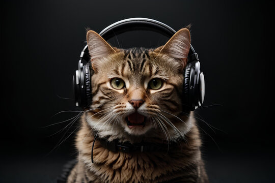 Portrait of a beautiful tabby cat with headphones listening music on black background. Audio device concept