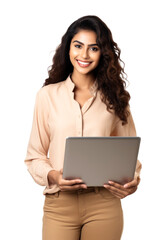 Portrait of a happy beautiful indian woman smiling and holding a laptop isolated on transparent background. png