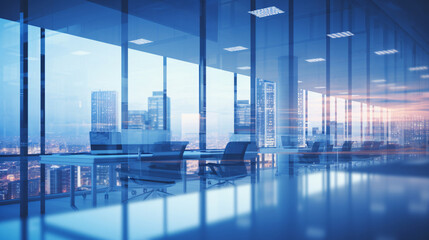 Beautiful blurred background of a light modern business office interior with panoramic windows and bright lighting	