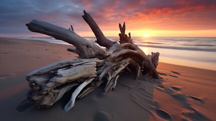  Driftwood lying on sandy coastal beach at sunset photography - obrazy, fototapety, plakaty