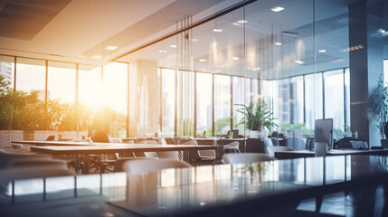 Beautiful blurred background of a light modern business office interior with panoramic windows and bright lighting	