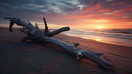  Driftwood lying on sandy coastal beach at sunset photography