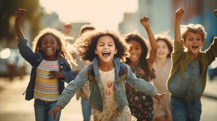 Group of diverse cheerful fun happy multiethnic children outdoors at the schoolyard photography