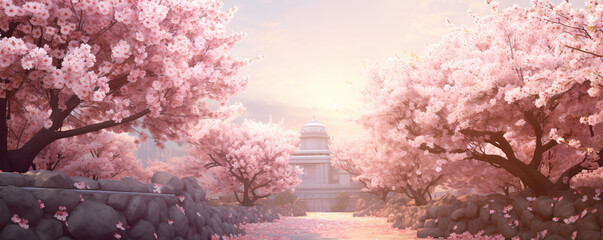Cherry blossoms in full bloom along a tranquil path leading to a temple. Springtime serenity. Sakura season beauty. Design for travel brochure, romantic poster, or banner