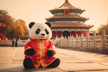 Person in a panda mascot costume sitting serenely at a historic temple. Cultural charm and tourism. Chinese and Asian traditions. Design for travel promotion, banner, or poster with free space for tex