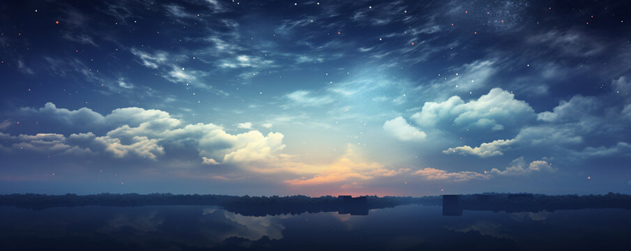 Dawn's early light breaking through a clouded sky over a tranquil lake. Atmospheric nature scene. Design for backdrop, banner, or meditation poster with free space for text © dreamdes