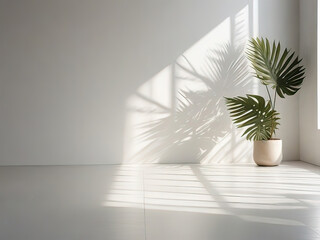 White background and plant with sun shadows for product presentations generated by AI