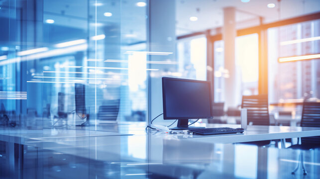 Beautiful blurred background of a light modern business office interior with panoramic windows and bright lighting	