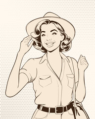 Retro Travel Art Beautiful Woman Tourist line art illustration, a young beautiful women touris