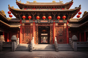 Traditional red lanterns adorning ancient temple facade. Chinese New Year celebration. Cultural architecture and festivities. Design for event poster, travel banner, or backdrop - obrazy, fototapety, plakaty