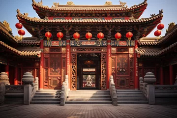 Zelfklevend Fotobehang Peking Traditional red lanterns adorning ancient temple facade. Chinese New Year celebration. Cultural architecture and festivities. Design for event poster, travel banner, or backdrop