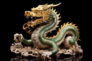 Obraz premium Gold and green Chinese dragon statue on black backdrop. Zodiac Symbol of 2024 Lunar New Year. Design for poster, greeting card, or banner