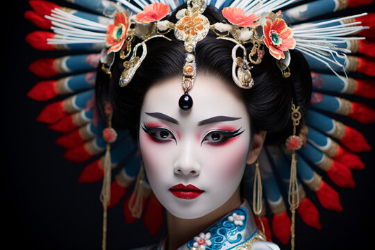 Striking portrait of Chinese opera actress with elaborate feathered headdress. Intense gaze and dramatic makeup. 2024 Lunar New Year celebration. Design for advertisement, cultural banner, or poster