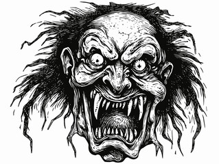 Fototapeta premium A Black And White Drawing Of A Scary Face - 1800s woodcut illustration of a vicious evil.