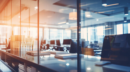 Beautiful blurred background of a light modern business office interior with panoramic windows and bright lighting	