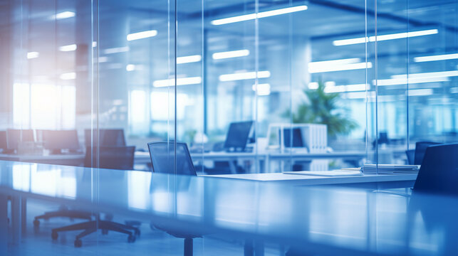 Beautiful blurred background of a light modern business office interior with panoramic windows and bright lighting	