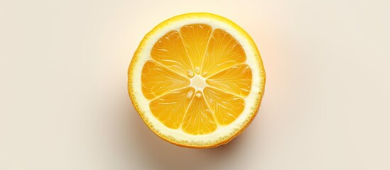From a top view, the isolated slice of a ripe lemon, with its yellow peel glistening and wet, showcases the healthy and sour taste of this citrus fruit when enjoyed in food preparations.