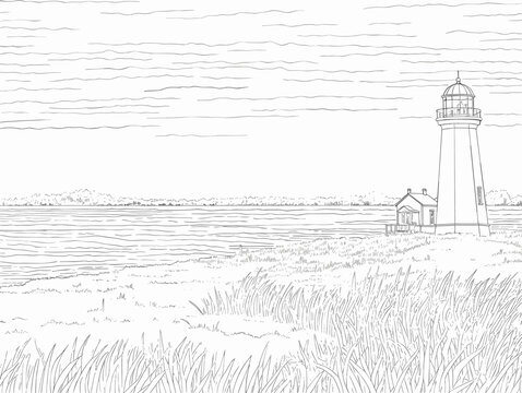 A Drawing Of A Lighthouse And A House - A Cape Cod lighthouse on the beach during sunset
