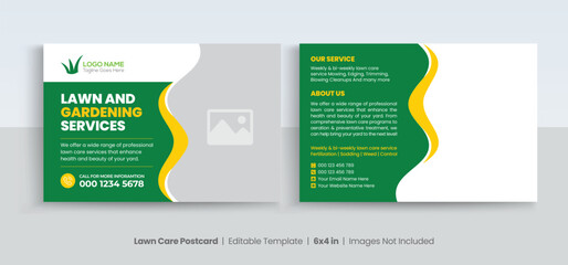 Lawn Mower Garden or Landscaping Service Postcard Template. Eddm Postcard Design, Event Card Design, Direct Mail Template, Invitation Design. leaflet, grass, equipment, gardener