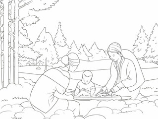 A Coloring Page Of A Woman And A Baby - a drawing of Japanese familly on holiday smilin