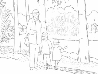 A Coloring Page Of A Woman And Two Children - a drawing of Japanese familly on holiday smilin