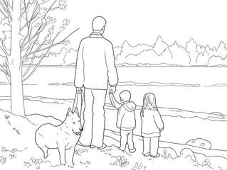 A Man And Two Children Walking By A Lake - a drawing of Japanese familly on holiday smilin