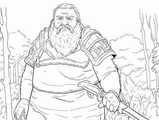 A Coloring Page Of A Man With A Beard - a fantasy-dwarf with a machete jungle.