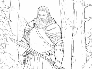 A Coloring Page Of A Man With A Sword - a fantasy-dwarf with a machete jungle.