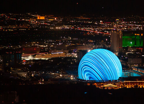 Las Vegas, Nevada, USA - November 7, 2023: The MSG Sphere lit up at night