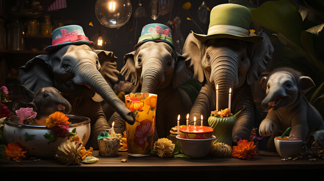 Elephants in clothes sitting at a table and celebrating. Made with Generative AI.