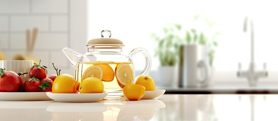 background of the immaculate white kitchen, a glass teapot filled with freshly squeezed fruit juice awaited its turn to be poured into a refreshing drink. - obrazy, fototapety, plakaty