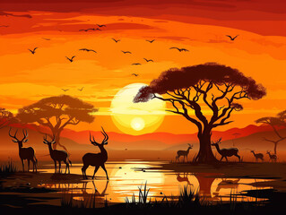 African safari landscape with wildlife, showcasing the beauty and diversity of nature.