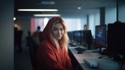 Young woman in red hoodie smiles at computer desk in tech-filled room. Social setting, happy and content