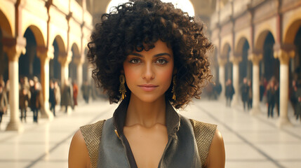 young, beautiful hispanic or egypt or multiracial woman with curly hair is standing in a large,...