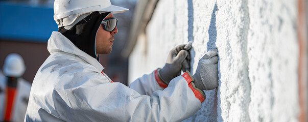 Insulation worker install heat saves energy material on house. banner - obrazy, fototapety, plakaty