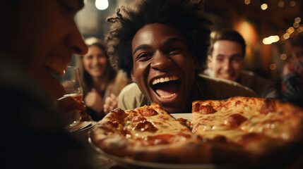 A group of young adult men and woman or teenage boys and young adult women are gathered around a table eating pizza. extremely excited and happy