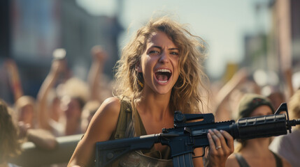 Young women protest with rifles in public. Intense and passionate atmosphere, expressing anger and frustration in an urban setting. fictional riot or protesting