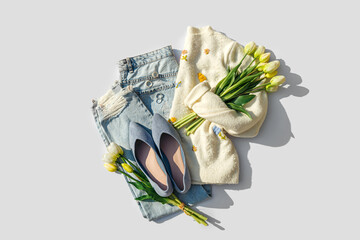 Fashion spring outfit. White jumper with bouquet of tulips flowers,  jeans and ballet shoes. Women's stylish and elegant clothes with accessory and jewelry. Fashionable look.