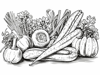 A Black And White Drawing Of Vegetables - A selection of fresh vegetables ready to prepare a meal