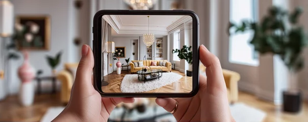 Tapeten hands holding a Smartphone and take a picture of modern livingroom. Interior designer work with mobile. © Michal